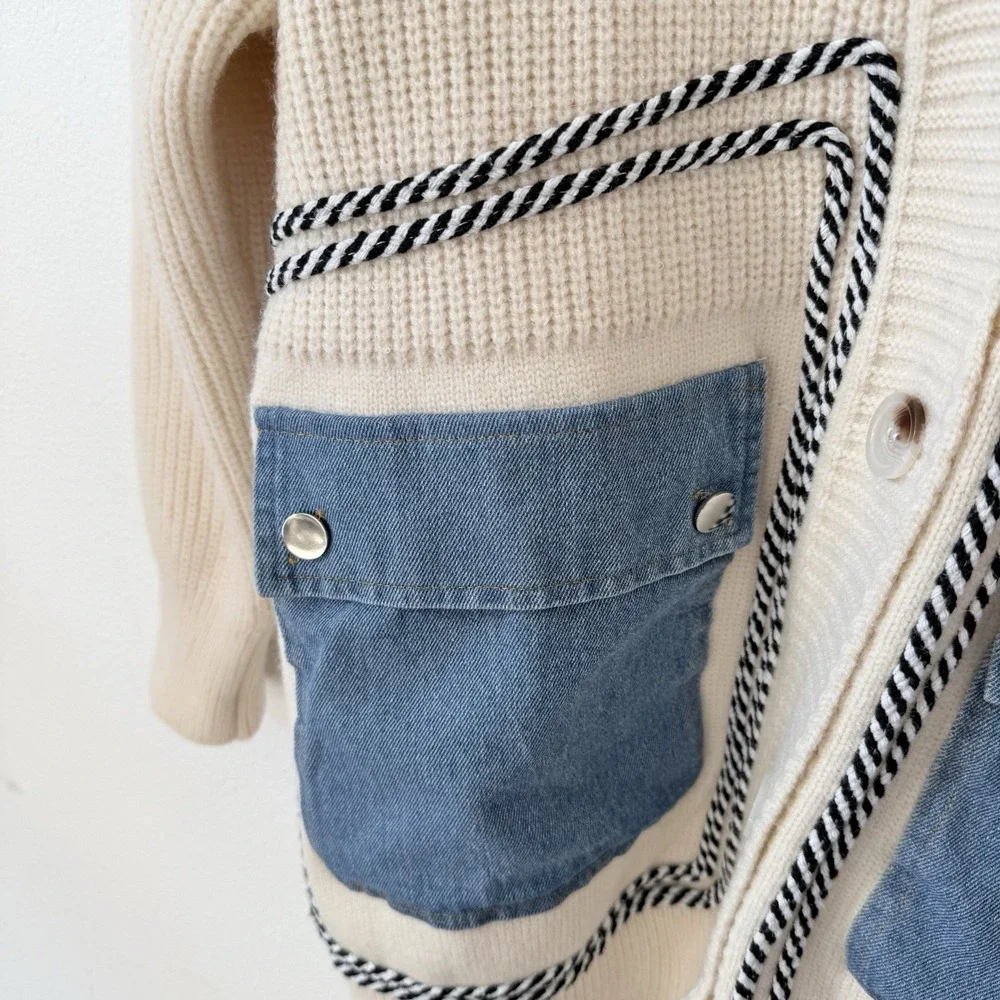 Women's Open Front Cardigan‎ Oversized Button Down Denim Jean Patchwork Sweater - Picture 4 of 9